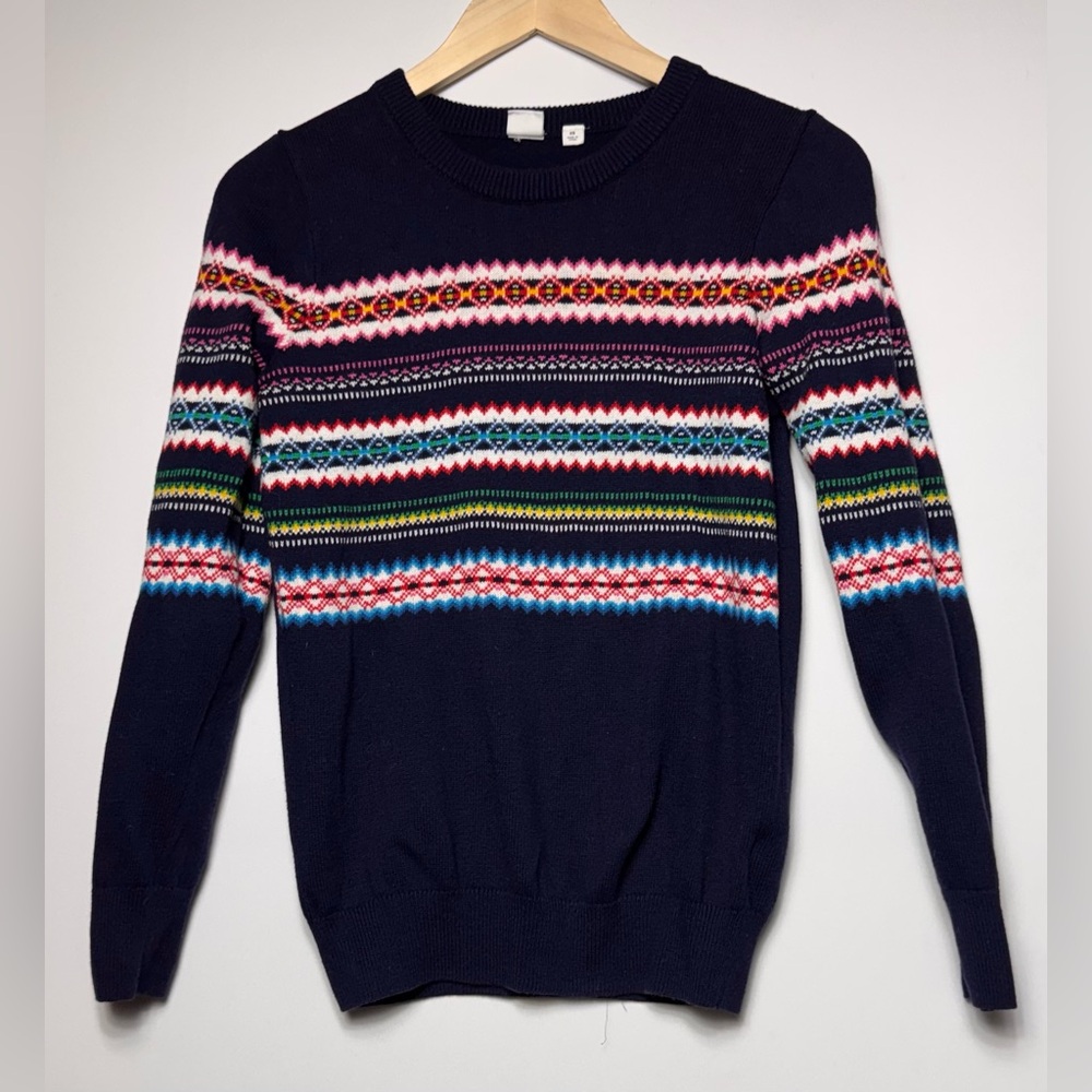 GAP Crazy Crew Neck Women XS Navy Rainbow Stripe Pullover Cotton Blend Sweater
